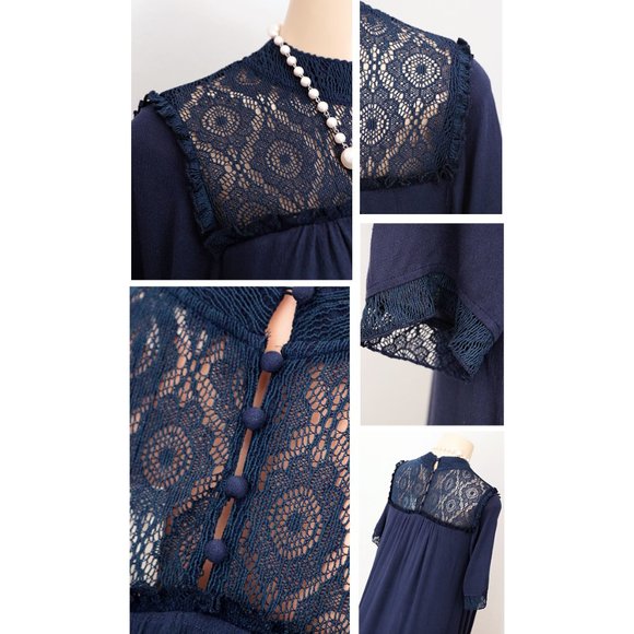 Navy Blue Boho Crochet Lace Mock Neck Shift Dress - Picture 5 of 10